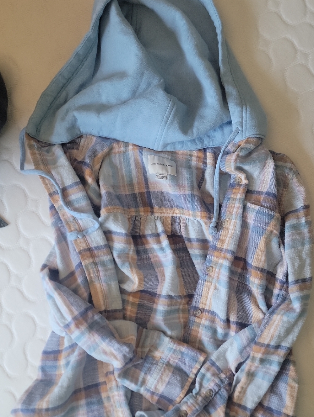American Eagle Outfitters Light Blue Plaid Hooded Button-Down